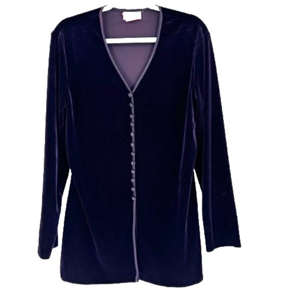 90s Nina Piccalino‎ Velvet Pullover Tunic Top Women's 10 Dark Purple Buttons USA - Picture 1 of 8